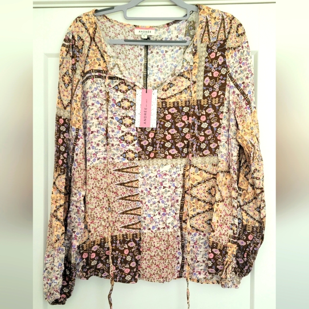 ANDREE BY UNIT Cream Tan Long Sleeve Tie Front Blouse